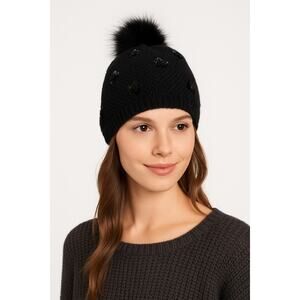 Neiman Marcus Women’s Black Beaded Floral Knit Pom-Pom Beanie Hat One Size NWT